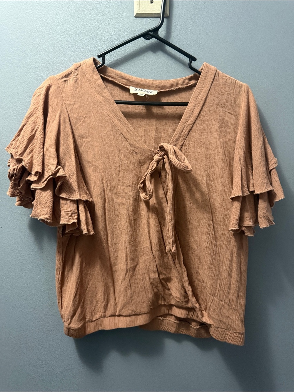 Listicle Rose-Tan Tie-Front Flutter Sleeve Blouse